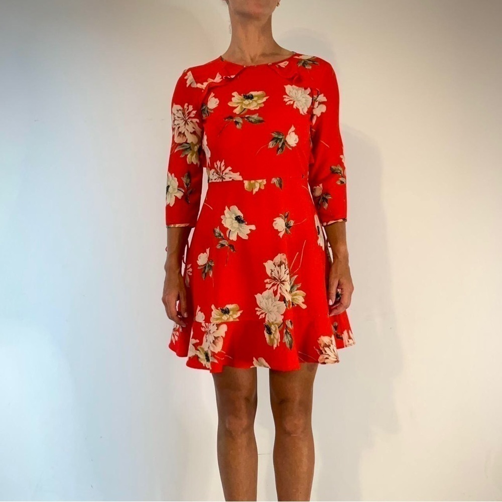 Topshop Red Floral 3/4 Sleeve Mini Dress size 8 - Picture 4 of 6
